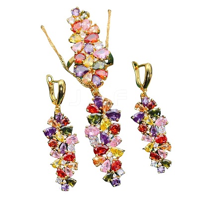 Leaf Brass Cubic Zirconia Pendant Necklaces & Hoop Earrings & Rings Sets FS-WGD46EA-01-1