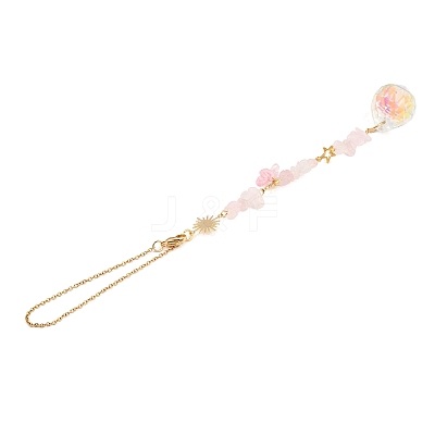 Round Glass & Natural Rose Quartz Chips Hanging Suncatchers HJEW-JM04209-03-1