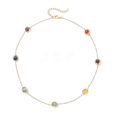 7 Chakra Natural Mixed Stone Round Beads Brass Cable Chain Necklaces NJEW-TA00235-1