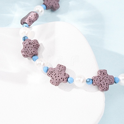 Dyed Natural Lava Rock & Round Synthetic Turquoise & Imitation Pearl Beaded Necklaces GG-CBA922D-07A-1