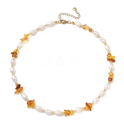 Natural Amber Chip & Rice Cultured Freshwater Pearl Beaded Necklaces for Women NJEW-JN06665-02-1