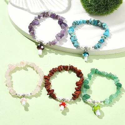 Gemstone Chip & Shell Pearl Beaded Stretch Bracelets BJEW-JB10914-1