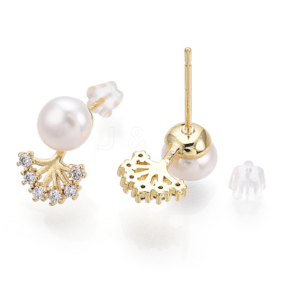 Clear Cubic Zirconia Tree of Life Stud Earrings with Natural Pearl PEAR-N020-06I-1
