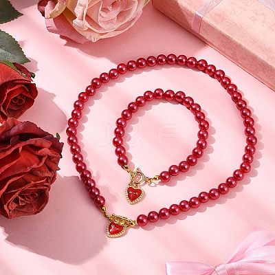 2Pcs 2 Styles ABS Plastic Imitation Pearl Necklaces & Bracelets Sets for Women SJEW-FS00006-1