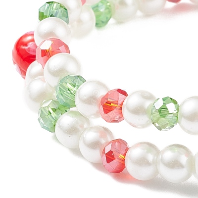 2Pcs 2 Style Glass Pearl & Lampwork Mushroom Beaded Stretch Bracelets Set with Alloy Enamel Christmas Charm for Women BJEW-JB08395-1