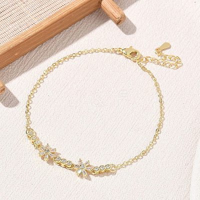 Brass Pave Clear Cubic Zirconia Flower Link Bracelets KK-CBA6980-24G-1