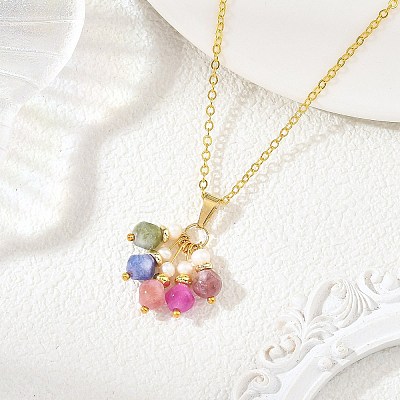 Natural Multicolor Tourmaline Dice Tassel Pendant Brass Cable Chain Necklaces with Natural Pearl for Women NJEW-JN06472-1