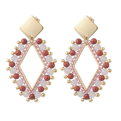 Rhombus Mixed Stone & Glass Seed Beads Dangle Stud Earrings EJEW-MZ00666-02-1