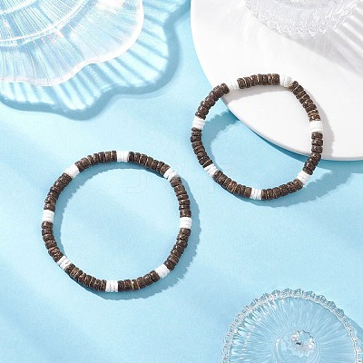 2Pcs 2 Styles Natural Coconut & White Shell Flat Round Beads Stretch Bracelets for Men Women BJEW-JB12460-1