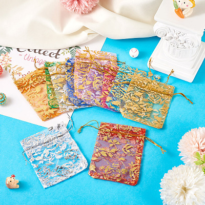 55Pcs 11 Colors Rose Printed Organza Drawstring Bags OP-TA0001-15C-1