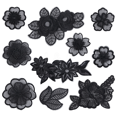 30Pcs 10 Style Flower/Leaf Organza Embroidery Sew on Appliques PATC-GF0001-28-1