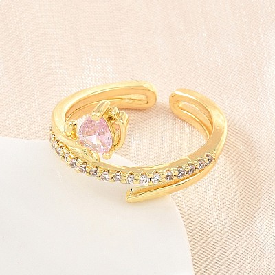 Flower Brass Micro Pave Cubic Zirconia Cuff Open Rings for Women CU-CBA0A21-06B-G-1