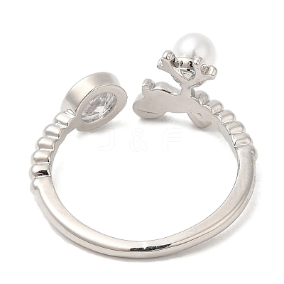 Plastic Pearl Christmas Deer Open Cuff Ring with Cubic Zirconia RJEW-R139-01P-1