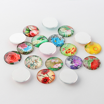 Flower Printed Glass Cabochons GGLA-A002-10mm-BB-1