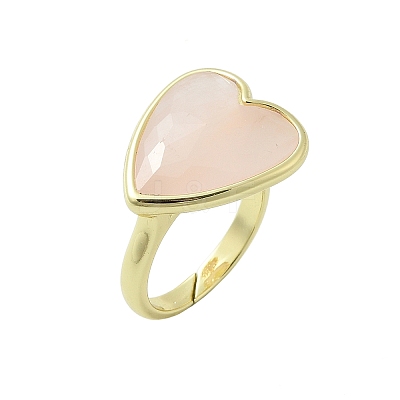 Heart Brass Natural Rose Quartz Finger Rings X-RJEW-D304-01G-B-1