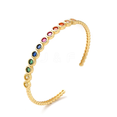 Colorful Cubic Zirconia Flat Round Open Cuff Bangle BJEW-M231-06G-1
