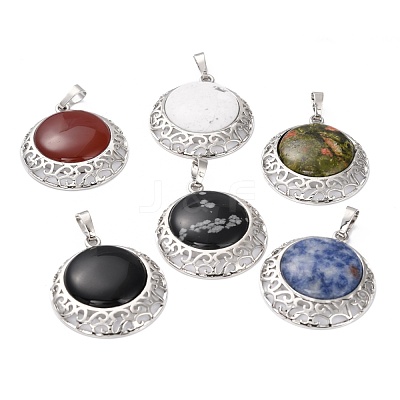 Mixed Gemstone Pendants with Hollow Platinum Brass Findings G-P448-A-1