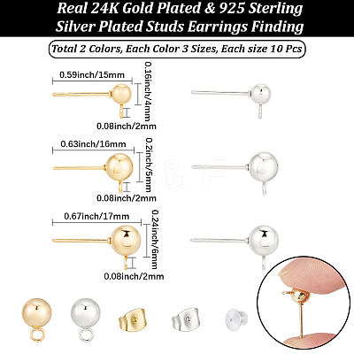 60Pcs 6 Styles 304 Stainless Steel Stud Earring Findings STAS-BBC0008-94-1