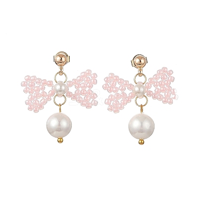 Glass Seed Bead and Shell Pearl Bead Dangle Earrings EJEW-MZ00766-1