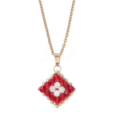 Natural Rainbow Moonstone and Handmade Glass Beaded Rhombus Pendant 304 Stainless Steel Cable Chain Necklaces NJEW-MZ00124-02-1