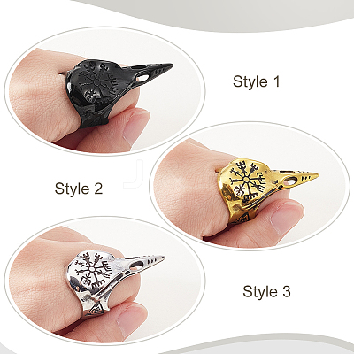 3Pcs 3 Colors Viking Raven Bird Head Stainless Steel Finger Rings RJEW-GA0001-04-1