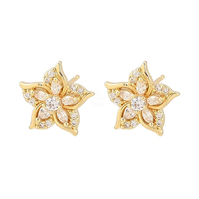 Flower Brass Micro Pave Clear Cubic Zirconia Stud Earrings EJEW-F400-01D-G-1