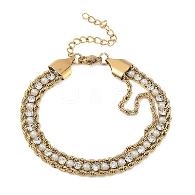 304 Stainless Steel & Rhinestone Rope Chain Double Layer Bracelets for Women BJEW-F540-07G-1