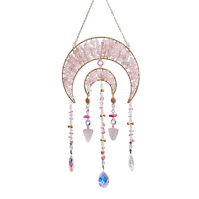 Double Moon Natural Rose Quartz Chips Beads Suncatchers HJEW-F027-02-1