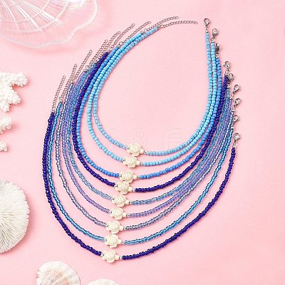 9Pcs 9 Styles Synthetic Turquoise Sea Turtle with Glass Seed Beaded Necklace Sets for Women NJEW-JN05930-1