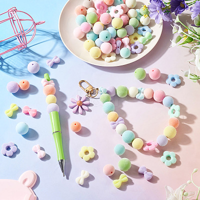 75Pcs 5 Styles Flocking Acrylic Beads OACR-TA0005-01-1