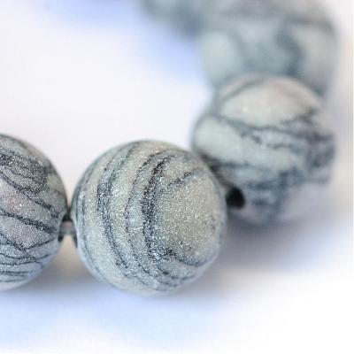 Frosted Natural Black Silk Stone/Netstone Round Bead Strands G-E334-6mm-25-1