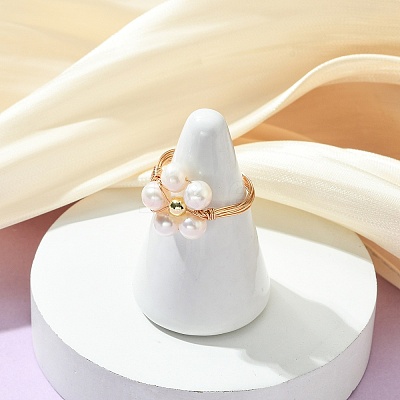 Natural Cultured Freshwater Pearl & Synthetic Hematite Finger Rings RJEW-JR01059-1