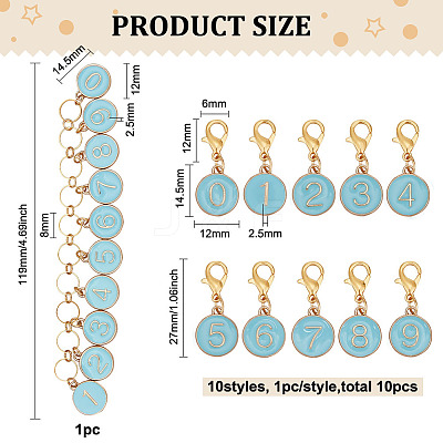 1Pc Alloy Enamel Flat Round with Number Charm Knitting Row Counter Chains DIY-BC0006-92-1