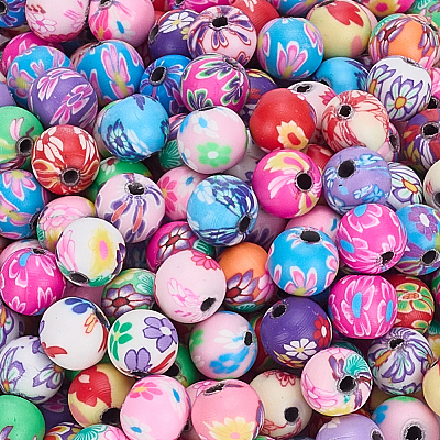 250Pcs Flower Printed Handmade Polymer Clay Beads CLAY-SP0001-18-1