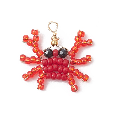 Copper Wire Wrapped Faceted Natural Black Spinel and Glass Seed Beaded Sea Animals Pendants PALLOY-MZ01087-1