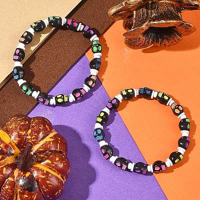 Halloween Skull Acrylic Beaded Stretch Bracelets BJEW-JB14347-02-1