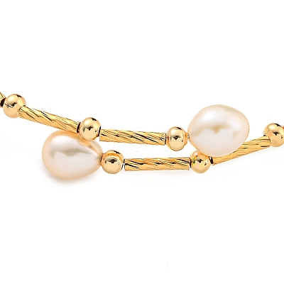 Brass & Natural Freshwater Pearl Beads Open Cuff Bangles for Women BJEW-F470-03G-02-1