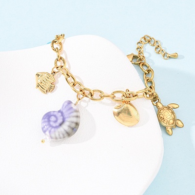 Turtle & Fish 304 Stainless Steel Charm Bracelets for Women BJEW-F516-02G-1