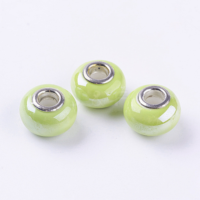 Rondelle Green Yellow Handmade Porcelain Large Hole European Beads X-OPDL-G001-13-1