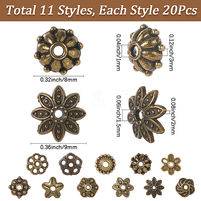 220Pcs 11 Styles Alloy Fancy Bead Caps TIBE-SP0001-19-1