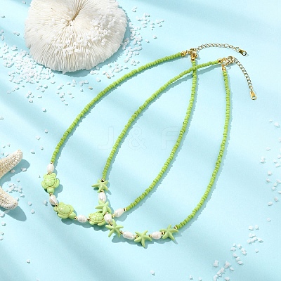 2Pcs 2 Styles Ocean Turtle Starfish Synthetic Turquoise & Natural Pearl & Glass Seed Beaded Necklaces NJEW-JN06130-03-1