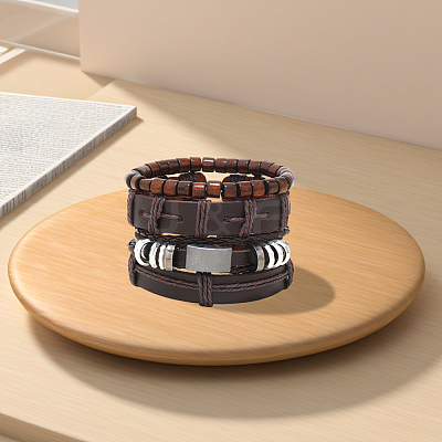 1Pc Cowhide & Imitation Leather Cord Knitted Multi-strand Bracelets AJEW-GF0011-50F-1