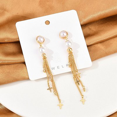 Brass ABS Plastic Pearl Tassel Stud Earrings EJEW-U040-15G-1