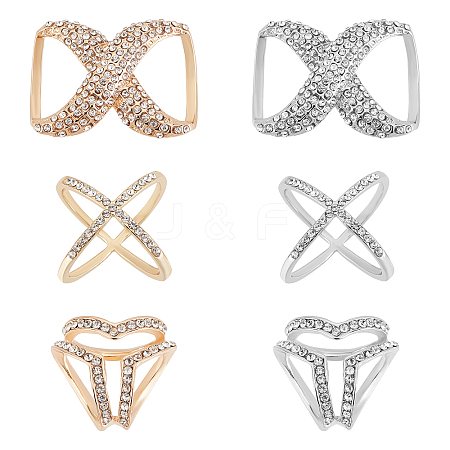CHGCRAFT 6Pcs 6 Style Crystal Infinity-shaped & X-shape & Three Ring Shape Rhinestone Scarf Buckle Rings JEWB-CA0001-03-1