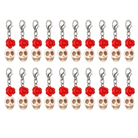 Skull Synthetic Turquoise & Resin Rose Pendant Decorations HJEW-JM03998-1