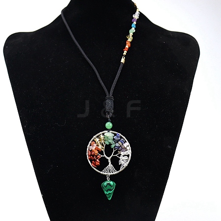 Chakra Themed Natural & Synthetic Mixed Gemstone Chips Beaded Tree of Life Pendant Necklaces PW-WG76643-01-1
