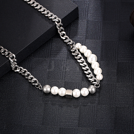 Stainless Steel 3D Cube Pearl Necklaces for Unisex RA7817-1