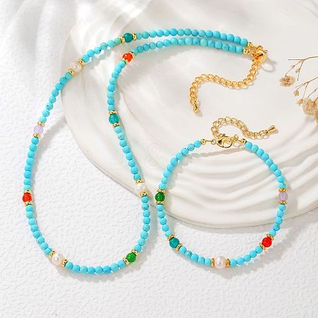 Round Synthetic Turquoise & Natural Red Agate & Freshwater Pearls Beaded Bracelets & Necklaces Sets for Women JT3894-3-1