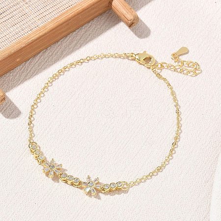 Brass Pave Clear Cubic Zirconia Flower Link Bracelets KK-CBA6980-24G-1