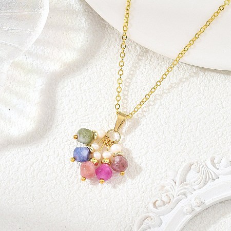 Natural Multicolor Tourmaline Dice Tassel Pendant Brass Cable Chain Necklaces with Natural Pearl for Women NJEW-JN06472-1